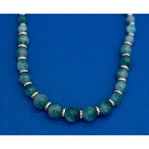 20 inch, Vintage Green Beads Silver Tone Unique Beaded Necklace - D39